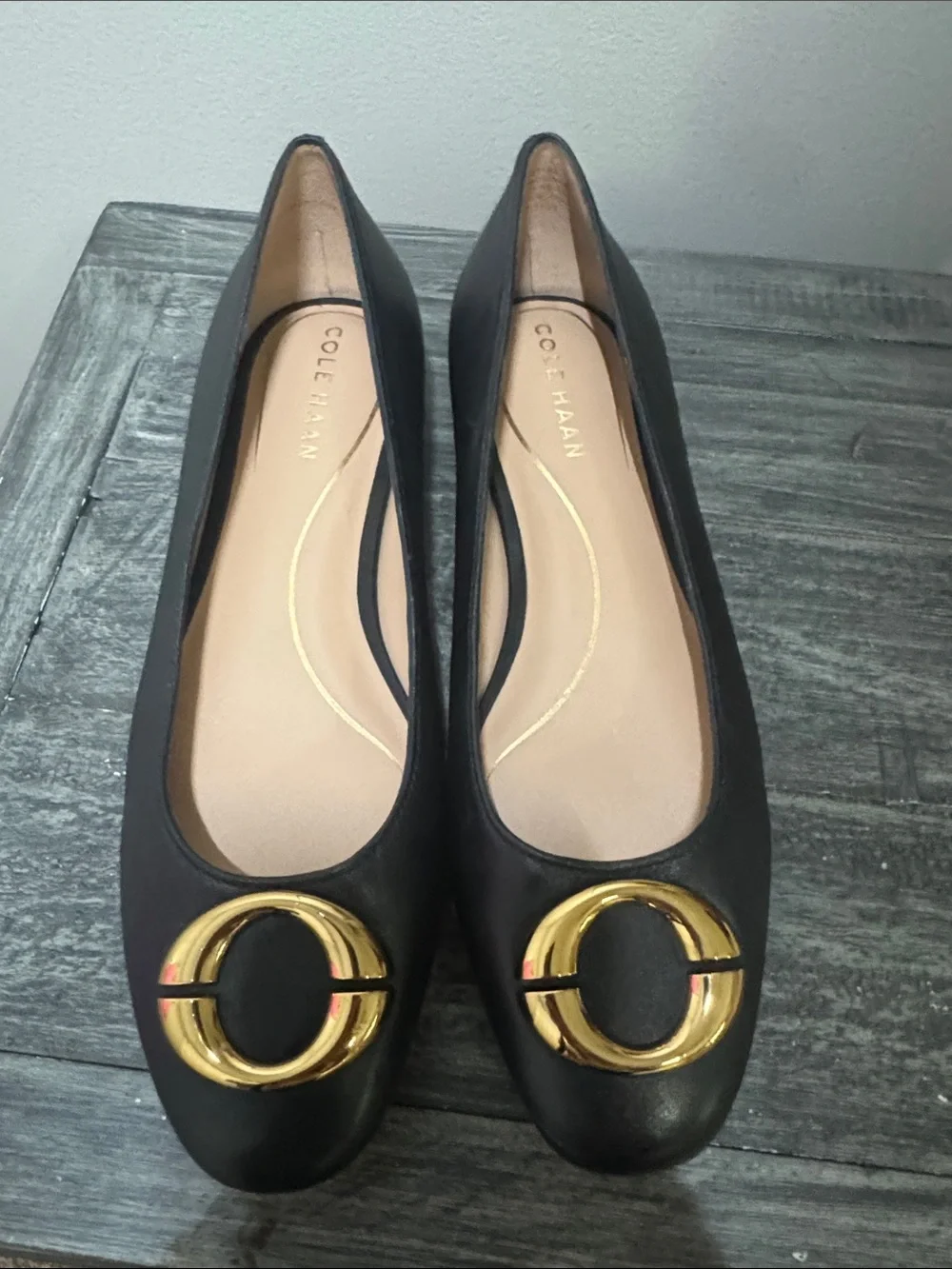 Cole Haan Black Leather Ballet Flats with Gold Circle Hardware - Picture 5 of 6